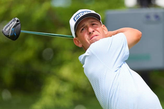 NEWTON SQUARE, PA - MAY 14: Sam Stevens of the United States tees off at the tenth tee during round 1 of the 2026 PGA, Golf Herren Championship on May 14, 2026 at Aronimink Golf Club in Newtown Square, Pennsylvania. (Photo by Rich Graessle Icon Sportswire) GOLF: MAY 14 PGA PGA Championship EDITORIAL USE ONLY Icon260514255841