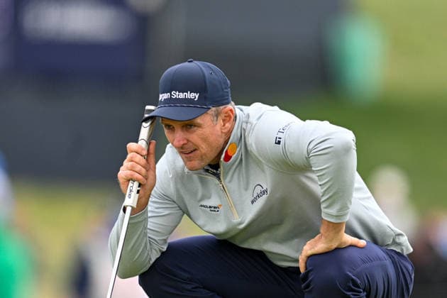 NEWTON SQUARE, PA - MAY 14: Justin Rose of England lines up his shot during round one of the 2026 PGA, Golf Herren Championship on May 14th, 2026 at Aronimink Golf Club in Newtown Square, PA.(Photo by Terence Lewis Icon Sportswire) GOLF: MAY 14 PGA PGA Championship EDITORIAL USE ONLY Icon260514070