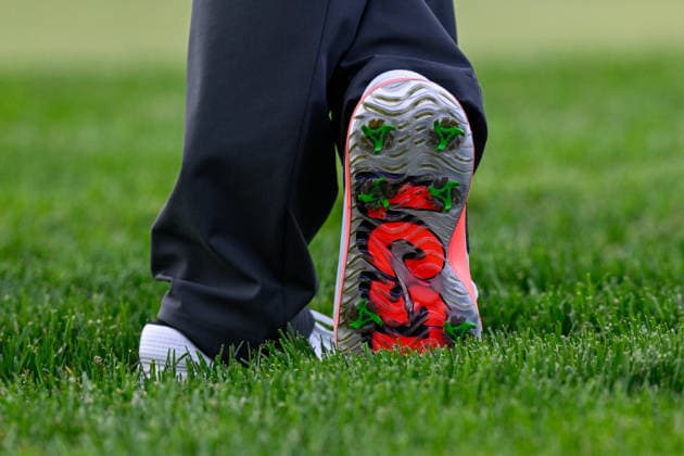 NEWTON SQUARE, PA - MAY 14: The Nike shoes of Scottie Scheffler are shown during round one of the 2026 PGA, Golf Herren Championship on May 14th, 2026 at Aronimink Golf Club in Newtown Square, PA.(Photo by Terence Lewis Icon Sportswire) GOLF: MAY 14 PGA PGA Championship EDITORIAL USE ONLY Icon260514082