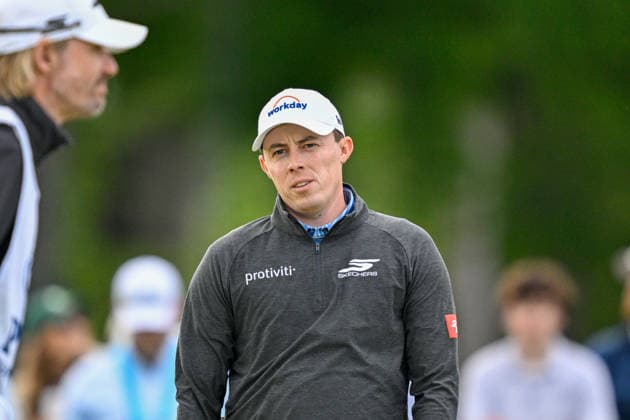 NEWTON SQUARE, PA - MAY 14: Matt Fitzpatrick of England reacts during round one of the 2026 PGA, Golf Herren Championship on May 14th, 2026 at Aronimink Golf Club in Newtown Square, PA.(Photo by Terence Lewis Icon Sportswire) GOLF: MAY 14 PGA PGA Championship EDITORIAL USE ONLY Icon260514089