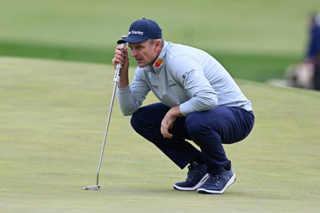 NEWTON SQUARE, PA - MAY 14: Justin Rose of England lines up his shot during round one of the 2026 PGA, Golf Herren Championship on May 14th, 2026 at Aronimink Golf Club in Newtown Square, PA.(Photo by Terence Lewis Icon Sportswire) GOLF: MAY 14 PGA PGA Championship EDITORIAL USE ONLY Icon260514109