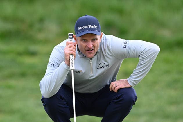 NEWTON SQUARE, PA - MAY 14: Justin Rose of England lines up his shot during round one of the 2026 PGA, Golf Herren Championship on May 14th, 2026 at Aronimink Golf Club in Newtown Square, PA.(Photo by Terence Lewis Icon Sportswire) GOLF: MAY 14 PGA PGA Championship EDITORIAL USE ONLY Icon260514126
