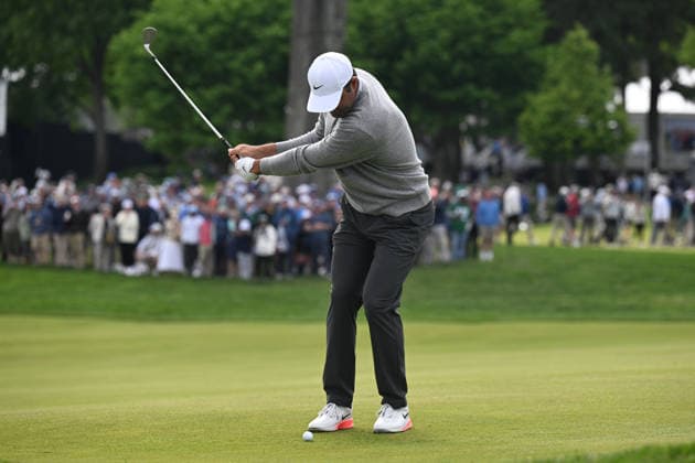 NEWTON SQUARE, PA - MAY 14: Scottie Schefler of United State of America hits the ball during round one of the 2026 PGA, Golf Herren Championship on May 14th, 2026 at Aronimink Golf Club in Newtown Square, PA.(Photo by Terence Lewis Icon Sportswire) GOLF: MAY 14 PGA PGA Championship EDITORIAL USE ONLY Icon260514137