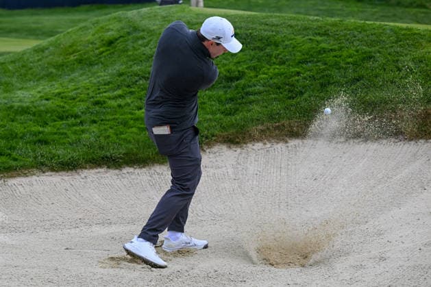NEWTON SQUARE, PA - MAY 14: Matt Fitzpatrick of England is shown in the bunker during round one of the 2026 PGA, Golf Herren Championship on May 14th, 2026 at Aronimink Golf Club in Newtown Square, PA.(Photo by Terence Lewis Icon Sportswire) GOLF: MAY 14 PGA PGA Championship EDITORIAL USE ONLY Icon260514147