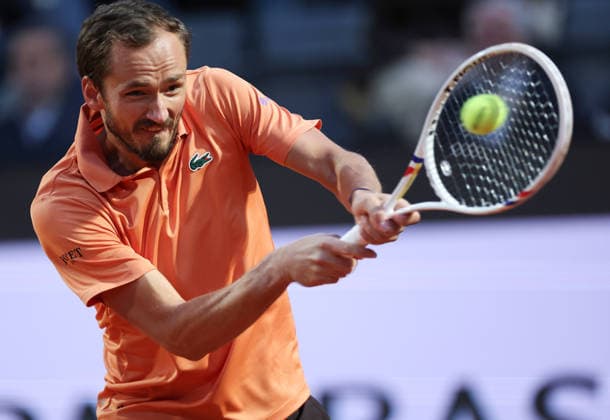 (260515) -- ROME, May 15, 2026 -- Daniil Medvedev of Russia hits a return during the men s singles quarterfinal match between Martin Landaluce of Spain and Daniil Medvedev of Russia at the ATP, Tennis Herren Italian Open in Rome, Italy, May 14, 2026. ) (SP)ITALY-ROME-TENNIS-ATP-MARTIN LANDALUCE VS DANIIL MEDVEDEV LixJing 
