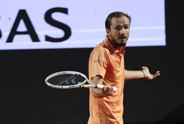 (260515) -- ROME, May 15, 2026 -- Daniil Medvedev of Russia reacts after losing a point during the men s singles quarterfinal match between Martin Landaluce of Spain and Daniil Medvedev of Russia at the ATP, Tennis Herren Italian Open in Rome, Italy, May 14, 2026. ) (SP)ITALY-ROME-TENNIS-ATP-MARTIN LANDALUCE VS DANIIL MEDVEDEV LixJing 