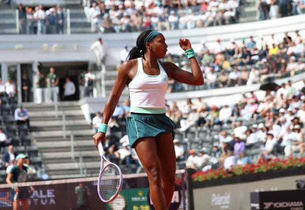 (260515) -- ROME, May 15, 2026 -- Coco Gauff of the United States celebrates scoring during the women s singles semi final match between Coco Gauff of the United States and Sorana Cirstea of Romania at the WTA, Tennis Damen Italian Open in Rome, Italy, May 14, 2026. ) (SP)ITALY-ROME-TENNIS-WTA-ITALIAN OPEN-WOMEN S SINGLES-COCO GAUFF VS SORANA CIRSTEA LixJing 