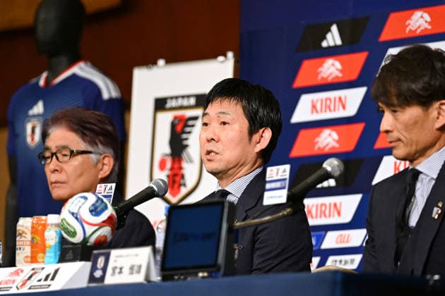 (L-R) Masakuni Yamamoto (JPN), Hajime Moriyasu (JPN), JFATsuneyasu Miyamoto (JPN), MAY 15, 2026 - Football Soccer : Japan head coach Hajime Moriyasu attends the press conference, PK, Pressekonferenz to announce the squad for the FIFA World Cup, WM, Weltmeisterschaft, Fussball 2026 in Tokyo, Japan. Noxthirdxpartyxsales aflo_330455897