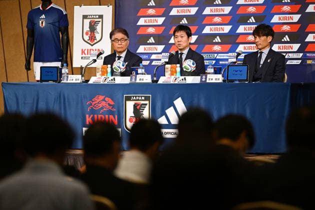 (L-R) Masakuni Yamamoto (JPN), Hajime Moriyasu (JPN), JFATsuneyasu Miyamoto (JPN), MAY 15, 2026 - Football Soccer : Japan head coach Hajime Moriyasu attends the press conference, PK, Pressekonferenz to announce the squad for the FIFA World Cup, WM, Weltmeisterschaft, Fussball 2026 in Tokyo, Japan. Noxthirdxpartyxsales aflo_330455899