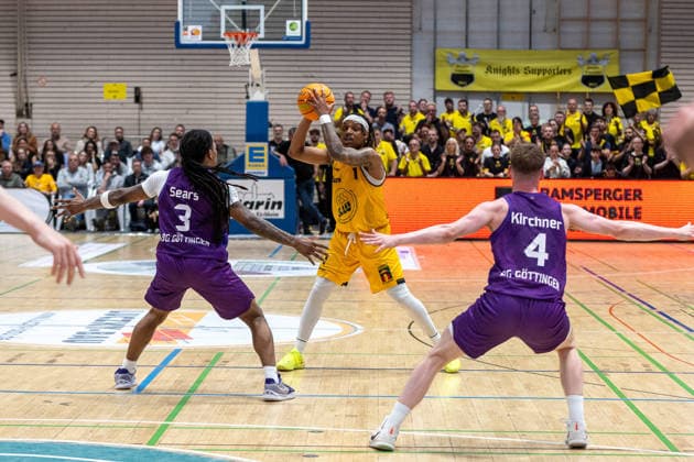 Jordan Sears BG Goettingen, 03 Phillip Montreal Russell Bozic Estriche Knights Kirchheim, 01 Daniel Kirchner BG Goettingen, 04 GER, Bozic Estriche Knights Kirchheim vs BG Goettingen, BARMER 2 Basketball Bundesliga, Playoffs Game 4, Season 2025 2026, 14 05 2026 GER, Bozic Estriche Knights Kirchheim vs BG Goettingen, BARMER 2 Basketball Bundesliga, Playoffs Game 4, Season 2025 2026, 14 05 2026 Goeppingen Copyright: xEibner-Pressefoto NinaxSanderx EP_NSR