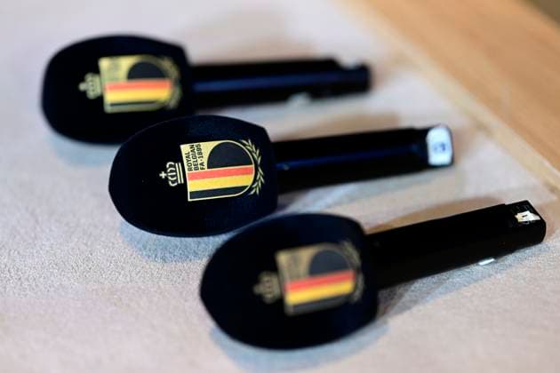 Belgian National Football Team Media Activities 15 05 2026 TUBIZE, BELGIUM - MAY 15 : illustration picture microphones with a RBFA logo during a press conference, PK, Pressekonferenz prior to the FIFA World Cup, WM, Weltmeisterschaft, Fussball Football 2026 at the Belgian National Football center on May 15, 2026 in Tubize, Belgium, 15 05 2026 Tubize Belgium  Copyright: xNicoxVereeckenx