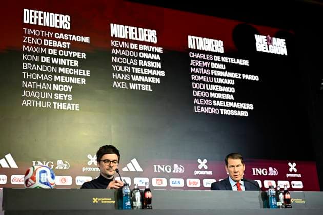 Belgian National Football Team Media Activities 15 05 2026 TUBIZE, BELGIUM - MAY 15 :Cornez Pierre communication of Royal Belgian Football Federation and Garcia Rudi head coach of Belgium announcing the FIFA 2026 Wold Cup Red Devils squad list during a press conference, PK, Pressekonferenz prior to the FIFA World Cup, WM, Weltmeisterschaft, Fussball Football 2026 at the Belgian National Football center on May 15, 2026 in Tubize, Belgium, 15 05 2026 Tubize Belgium  Copyright: xNicoxVereeckenx