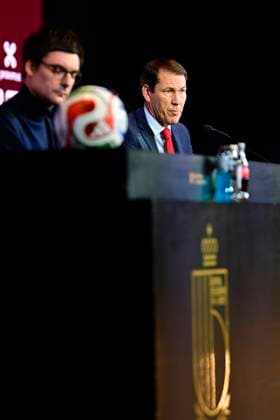 Belgian National Football Team Media Activities 15 05 2026 TUBIZE, BELGIUM - MAY 15 : Cornez Pierre communication of Royal Belgian Football Federation and Garcia Rudi head coach of Belgium announcing the FIFA 2026 Wold Cup Red Devils squad list during a press conference, PK, Pressekonferenz prior to the FIFA World Cup, WM, Weltmeisterschaft, Fussball Football 2026 at the Belgian National Football center on May 15, 2026 in Tubize, Belgium, 15 05 2026 Tubize Belgium  Copyright: xNicoxVereeckenx