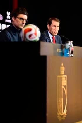 Belgian National Football Team Media Activities 15 05 2026 TUBIZE, BELGIUM - MAY 15 : Cornez Pierre communication of Royal Belgian Football Federation and Garcia Rudi head coach of Belgium announcing the FIFA 2026 Wold Cup Red Devils squad list during a press conference, PK, Pressekonferenz prior to the FIFA World Cup, WM, Weltmeisterschaft, Fussball Football 2026 at the Belgian National Football center on May 15, 2026 in Tubize, Belgium, 15 05 2026 Tubize Belgium  Copyright: xNicoxVereeckenx