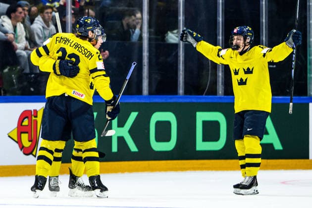 260515 Oliver Ekman Larsson, Lucas Raymond, and Viggo Björck of Sweden celebrating 2 2 during the 2026 IIHF Ice Hockey World Championship match between Canada and Sweden on May 15, 2026 in Fribourg Photo Jesper Zerman BILDBYRAN kod JZ JZ0714 ishockey ice hockey ishockey vm 2026 vm 2026 iihf world championship kanada canada sverige sweden bbeng bbauto jubel  Copyright: JESPERxZERMAN BB260515JZ027