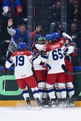 Czech players celebrate a goal during the IIHF World Championship, WM, Weltmeisterschaft Group B match Czech Republic vs Denmark on May 15, 2026, Fribourg, Switzerland. (CTKxPhoto RadekxPetrasek) CTKPhotoP2026051508204  CTKPhotoP2026051508204