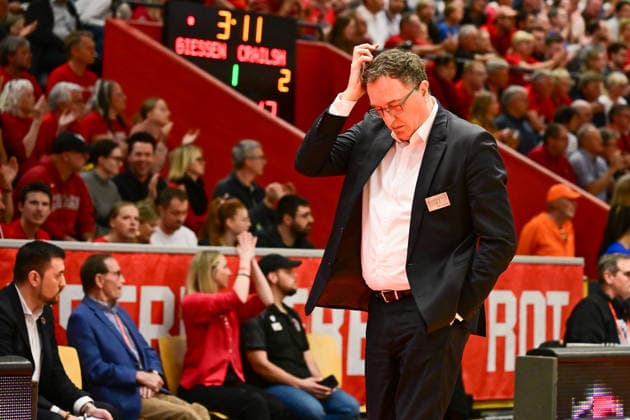 Branislav Ignjatovic 2 Bundesliga Pro A, Play Off Game 4, quarter final, 46ers, Basketball, Basketball season 2025 2026, BBL, Germany, Gießen 46ers Hakro Merlins Crailsheim, Gießen in red, Men, Crailsheim in blue