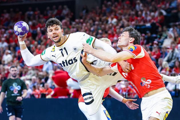 15.05.2026, xIAJx, Handball, Länderspiel, Testspiel, Dänemark - Deutschland, Royal Arena Kopenhagen: Marko Grgic (Deutschland 71) Niclas Kirkelökke (Dänemark 3) Dänemark *** 15 05 2026, xIAJx, handball, international match, test match, Denmark Germany, Royal Arena Copenhagen Marko Grgic Germany 71 Niclas Kirkelökke Denmark 3 Denmark
