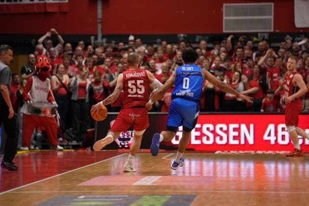 Giessen, Germany, May 15th 2026: Simon Krajcovic ( 55 Giessen ) Tyreese Blunt ( 0 Crailsheim ) during the 2. Basketball- Bundesliga Pro A Playoff match between Giessen 46ers and Hakro Merlin?s Crailsheim at Sporthalle Giessen-OST. (Julia Kneissl SPP) Copyright: xJuliaxKneisslx xSPPx spp-en-JuKnSp-20260515_SPP_JuliaKneissl_26.jpeg