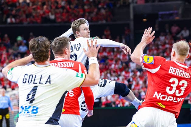 15 05 2026, xIAJx, handball, international match, test match, Denmark Germany, Royal Arena Copenhagen L R Johannes Golla Germany 4 Lasse Andersson Denmark 28 Franz Semper Germany 32 Emil Bergholt Denmark 33 Denmark