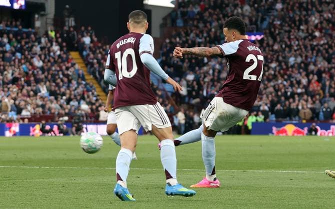 Morgan Rogers of Aston Villa scores a goal to make the score 1-0 Aston Villa v Liverpool, Premier League, Football, Villa Park, Birmingham, UK - 15 May 2026Birmingham Villa Park United Kingdom EDITORIAL USE ONLY No use with unauthorised audio, video, data, fixture lists, club league logos or live services. Online in-match use limited to 120 images, no video emulation. No use in betting, games or single club league player publications.  Copyright: xKieranxMcManus Shutterstockx 16876814an