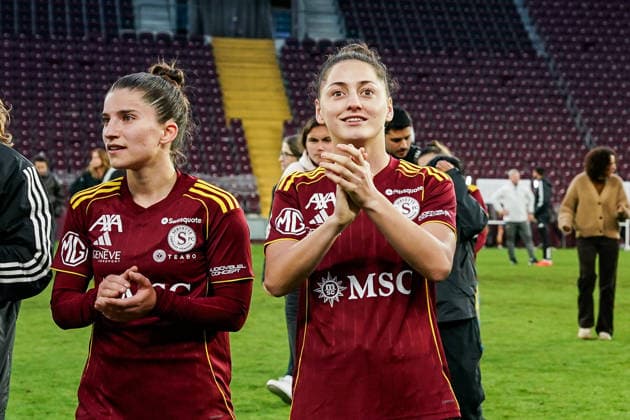 Switzerland AXA Womens Super League 2025 26, Servette FC Chenois Feminin vs FC Zurich Stade de Geneve, Carouge Players of Servette celebrate the victory and entry into the AWSL Final, Laura Tufo of Servette FC Chenois Feminin and Lumbardha Misini of Servette FC Chenois Feminin Copyright: xDanielaxPorcellix
