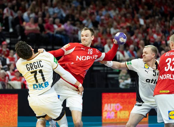 Men s Handball Denmark Germany Germany s Marko Grgic and Justus Fisher and Denmark s Mathias Gidsel The Danish men s handball team faces Germany in a test match in Copenhagen on Friday, May 15, 2026 Photo Claus Bech Ritzau Scanpix , Copenhagen Denmark  Copyright: fotograf@clausbech.dk ClausxBechx spdk20260515-213039-L
