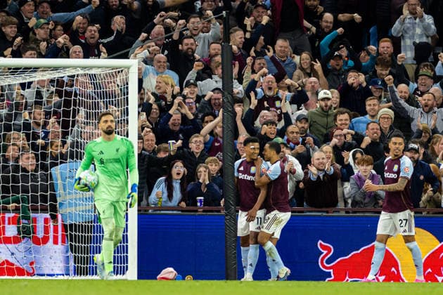 Football - FA Premier League - Aston Villa FC v Liverpool FC BIRMINGHAM, ENGLAND - Friday, May 15, 2026: Liverpool s Giorgi Mamardashvili (L) reacts as Aston Villa s Ollie Watkins celebrates with team-mate Youri Tielemans after scoring his side s second goal during the FA Premier League match between Aston Villa FC and Liverpool FC at Villa Park. (Photo by David Rawcliffe Propaganda) BIRMINGHAM Villa Park WEST MIDLANDS ENGLAND  Copyright: xDavidxRawcliffex P2026-05-15-Aston Villa_Liverpool-68