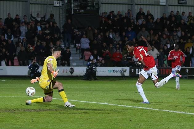 Kallum Cesay of Salford City scores their sides second goal Salford City v Grimsby Town, EFL Sky Bet League Two, Play-Off Semi Final, Second Leg, Football, Peninsula Stadium, Salford, UK - 15 May 2026Salford Peninsula Stadium United Kingdom EDITORIAL USE ONLY No use with unauthorised audio, video, data, fixture lists, club league logos or live services. Online in-match use limited to 120 images, no video emulation. No use in betting, games or single club league player publications. Copyright: xPhilxOldham Shutterstockx 16876824as