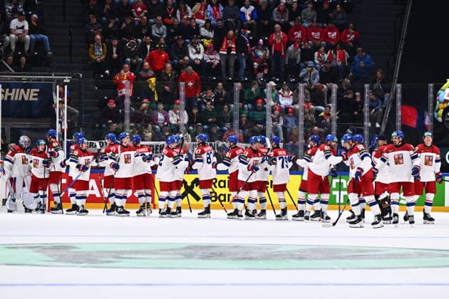 Czech players celebrate after winning the IIHF World Championship, WM, Weltmeisterschaft Group B match Czech Republic vs Denmark on May 15, 2026, Fribourg, Switzerland. (CTKxPhoto RadekxPetrasek) CTKPhotoP2026051509211  CTKPhotoP2026051509211