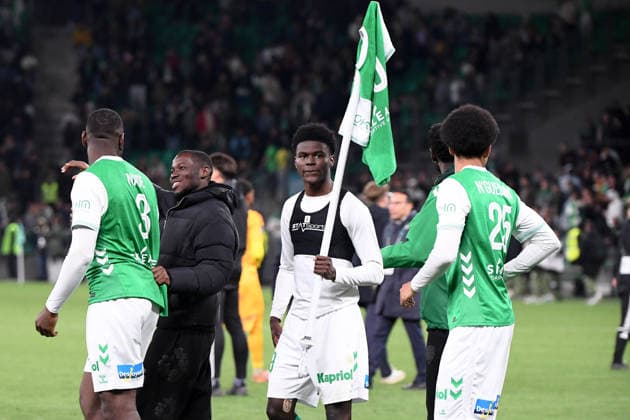 AS Saint-Etienne v Rodez Aveyron Football - Barrages Ligue 1 Uber Eats 2025 2026 20 Augustine BOAKYE (asse) - 39 Kevin PEDRO (asse) during the Ligue 1 Uber Eats Playoffs match between Saint-Etienne and Rodez at Stade Geoffroy-Guichard on May 15, 2026 in Saint-Etienne, France. Saint-Etienne France  Copyright: xFEPx 776496719