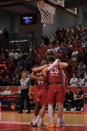 Viktor Kovacevic ( 25 Giessen ) Simon Krajcovic ( 55 Giessen ) Robin Benzing ( 12 Giessen ) Kyle Anthony Castlin ( 7 Giessen ) during the 2. Basketball- Bundesliga Pro A Playoff match between Giessen 46ers and Hakro Merlin?s Crailsheim at Sporthalle Giessen-OST. Copyright: xJuliaxKneisslx xSPPx Sportspressphoto_SPR147362