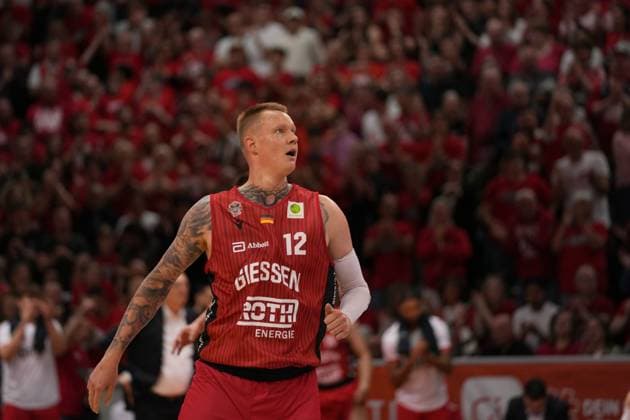 Robin Benzing ( 12 Giessen ) during the 2. Basketball- Bundesliga Pro A Playoff match between Giessen 46ers and Hakro Merlin?s Crailsheim at Sporthalle Giessen-OST. Copyright: xJuliaxKneisslx xSPPx Sportspressphoto_SPR147373
