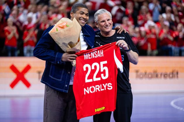 Denmark v Germany, International handball friendly, Copenhagen, Denmark Copenhagen, Denmark. 15th, May 2026. Mads Mensah Larsen retires from the national team, Nationalteam and is praised by fans and players after the test match between Denmark and Germany at Royal Arena in Copenhagen. Here Mensah is seen with head coach Nikolaj Jacobsen. Denmark, Copenhagen  Copyright: xGonzalesxPhoto TobiasxJorgensenx