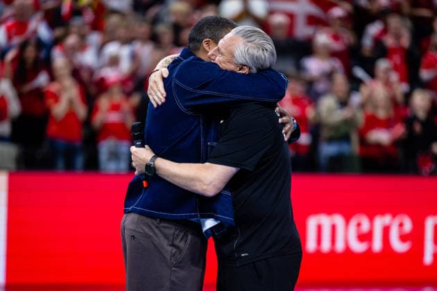 Denmark v Germany, International handball friendly, Copenhagen, Denmark Copenhagen, Denmark. 15th, May 2026. Mads Mensah Larsen retires from the national team, Nationalteam and is praised by fans and players after the test match between Denmark and Germany at Royal Arena in Copenhagen. Here Mensah is seen with head coach Nikolaj Jacobsen. Denmark, Copenhagen  Copyright: xGonzalesxPhoto TobiasxJorgensenx