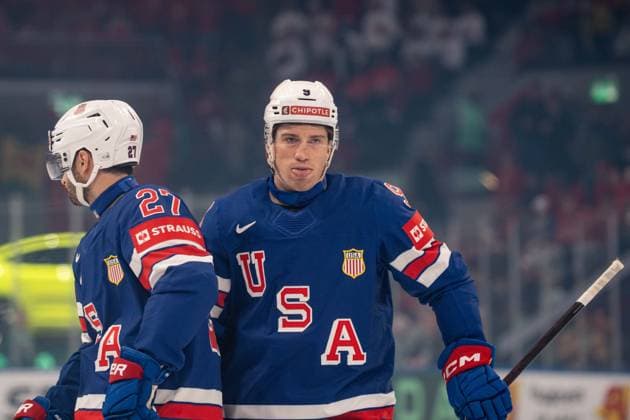 ZURICH, ZURICH - MAY 15: Matt Coronato and Ryan Leonard of USA during the 2026 IIHF World Championship, WM, Weltmeisterschaft Group A match between Switzerland and USA at Swiss Life Arena on May 15, 2026 in Zurich, Zurich, Switzerland. Copyright: xLivioxBaeriswylx xSPPx Sportspressphoto_SPR147393