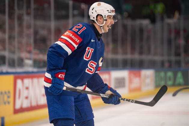 ZURICH, ZURICH - MAY 15: Alex Steeves of USA during the 2026 IIHF World Championship, WM, Weltmeisterschaft Group A match between Switzerland and USA at Swiss Life Arena on May 15, 2026 in Zurich, Zurich, Switzerland. Copyright: xLivioxBaeriswylx xSPPx Sportspressphoto_SPR147424