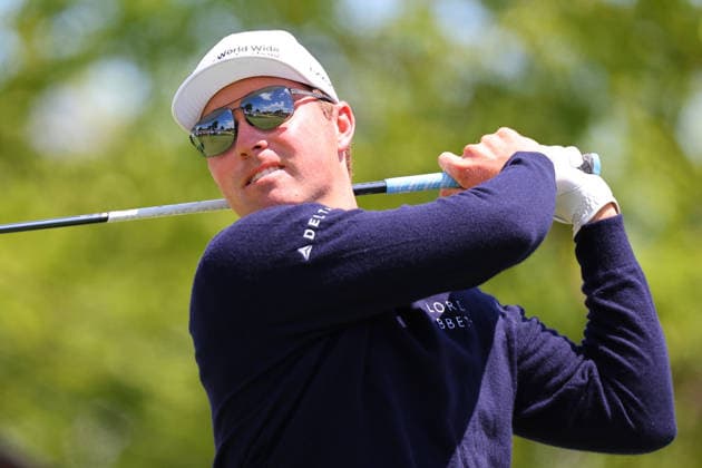 NEWTON SQUARE, PA - MAY 15: Ben Griffin of the United States tees off at the tenth tee during Round 2 of the 2026 PGA, Golf Herren Championship on May 15, 2026 at Aronimink Golf Club in Newtown Square, Pennsylvania. (Photo by Rich Graessle Icon Sportswire) GOLF: MAY 15 PGA PGA Championship EDITORIAL USE ONLY Icon260515256552