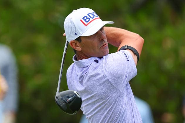 NEWTON SQUARE, PA - MAY 15: Billy Horschel of the United States tees off at the first tee during Round 2 of the 2026 PGA, Golf Herren Championship on May 15, 2026 at Aronimink Golf Club in Newtown Square, Pennsylvania. (Photo by Rich Graessle Icon Sportswire) GOLF: MAY 15 PGA PGA Championship EDITORIAL USE ONLY Icon260515256812