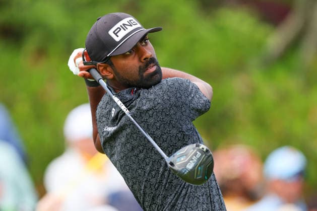 NEWTON SQUARE, PA - MAY 15: Sahith Theegala of the United States tees off at the first tee during Round 2 of the 2026 PGA, Golf Herren Championship on May 15, 2026 at Aronimink Golf Club in Newtown Square, Pennsylvania. (Photo by Rich Graessle Icon Sportswire) GOLF: MAY 15 PGA PGA Championship EDITORIAL USE ONLY Icon260515257192