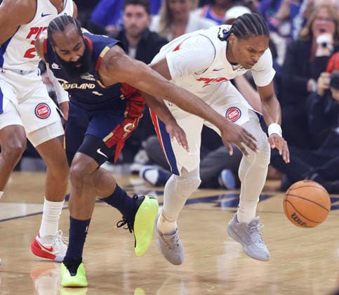 Detroit Pistons Ausar Thompson (9) steals the ball from Cleveland Cavaliers James Harden (1) in the first quarter in Cleveland, Ohio Friday May 15, 2026.  CLE20260515107 AARONxJOSEFCZYK