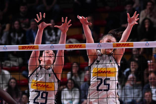 VOLLEY - Amichevole - BPER Test Match - Italy Women vs France Women Photo by IPA ABACAPRESS.COM84737341 - Scola Francesca and Manfredini Linda ( Italia ) Novara Italy  Copyright: xIPAxSport ABACAx