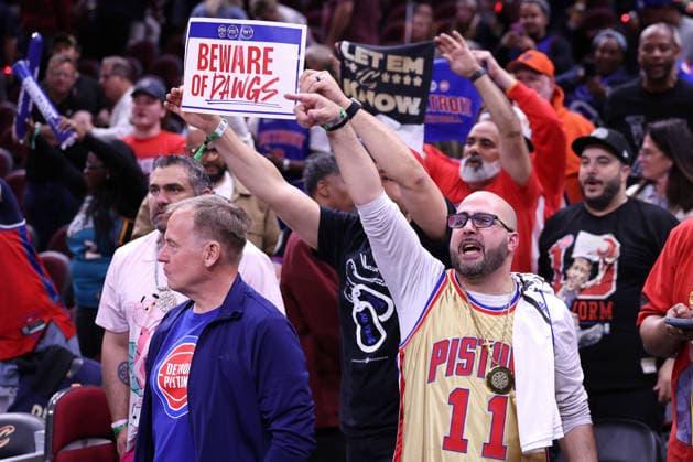 Detroit Pistons fans celebrate the Pistons 115-94 win over the Cleveland Cavaliers in Cleveland, Ohio Friday May 15, 2026.  CLE20260515112 AARONxJOSEFCZYK