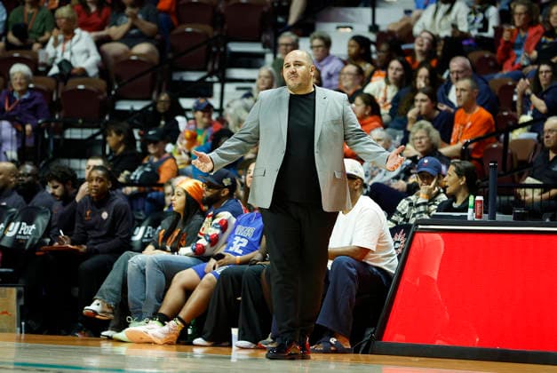 UNCASVILLE, CT - MAY 15: Rachid Meziane of the Connecticut Sun reacts during the WNBA, Basketball Damen, USA game between Las Vegas Aces and Connecticut Sun on May 15, 2026, at Mohegan Sun Arena in Uncasville, CT. (Photo by M. Anthony Nesmith Icon Sportswire) WNBA: MAY 15 Las Vegas Aces at Connecticut Sun EDITORIAL USE ONLY Icon26051508