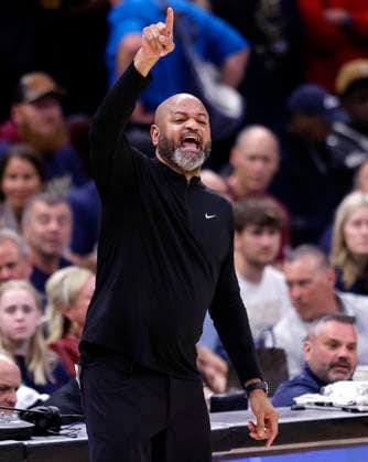 Detroit Pistons head coach J.B. Bickerstaff yells out a call to the offense during in the first quarter against the Cleveland Cavaliers in Cleveland, Ohio Friday May 15, 2026. The Pistons Defeated the Cavaliers 115-94.  CLE20260515118 AARONxJOSEFCZYK
