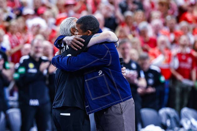 15 05 2026, xIAJx, handball, international match, test match, Denmark Germany, Royal Arena Copenhagen Mads Mensah Larsen Denmark 22 was dismissed from the national team after the match Here by national coach and friend Nikolaj Jacobsen Denmark Denmark