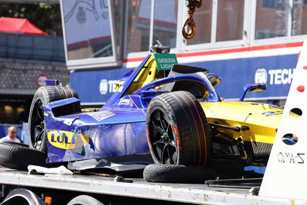 After accident damaged Lola Yamaha 22 of Zan Maloney on the tow truck in front of the pits, FIA Formula E World Championship Season 12, Monaco E Prix, MonteCarlo, MC, 16 05 2026,