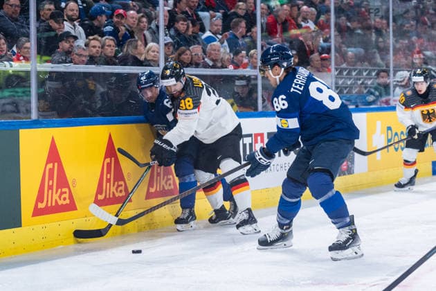xxkeikkaxx 20260515 Swiss Life Arena, Zurich, Switzerland. IIHF Ice hockey, Eishockey World Championships match Finland vs Germany Sakari Manninen (65) of Team Finland Fabio Wagner (38) of Team Germany Teuvo Teräväinen (86) of Team Finland Photo by Pasi Suokko All Over Press  1.06181068