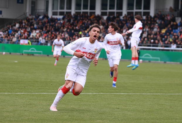16 05 26 Final German Championship B Juniors U17 TSG 1899 Hoffenheim U17 VfB Stuttgart Germany, Sinsheim, 16 05 2026, Football, Season 2025 2026, U17 DFB Nachwuchsliga, Final German Championship B Juniors, U17 VfB Stuttgart U17 TSG 1899 Hoffenheim Malik Mosrati 0 1 Goalscorer VFB cheers