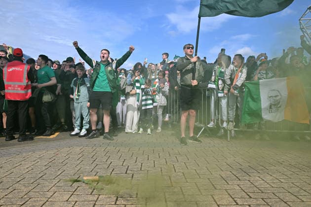 Celtic fans react outside Celtic Park Celtic v Heart of Midlothian, William Hill Scottish Premiership, Football, Celtic Park, Glasgow, Scotland, UK - 16 May 2026Glasgow Celtic Park United Kingdom EDITORIAL USE ONLY No use with unauthorised audio, video, data, fixture lists, club league logos or live services. Online in-match use limited to 120 images, no video emulation. No use in betting, games or single club league player publications. Copyright: xMarkxRunnacles Shutterstockx 16876830n